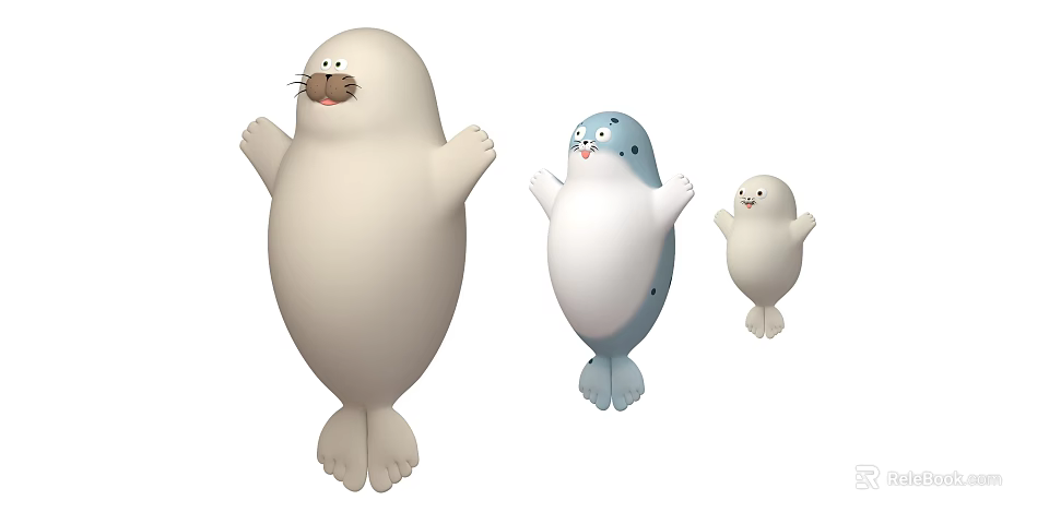 Cute Aquatic Seals in Three Different Sizes with White and Blue White Standing Posture 3d model 