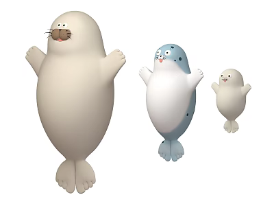 Cute Aquatic Seals in Three Different Sizes with White and Blue White Standing Posture 3d model