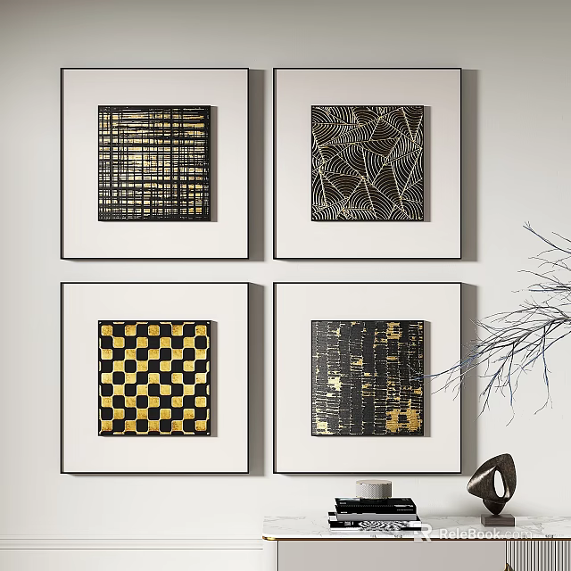 Four Abstract Wall Art Pieces With Black Gold Patterns And Decorative Elements 3d model