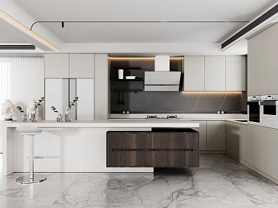 Modern Kitchen Interior Design With White Cabinets Marble Countertop Island And Ceiling Lighting 3d model