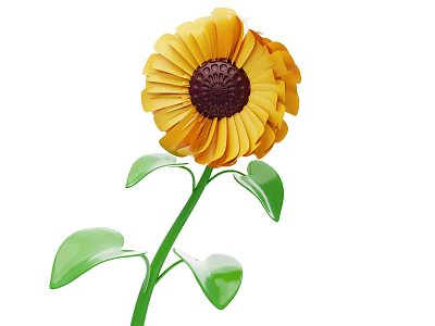 Bright Yellow Sunflower with Dark Brown Center and Green Stem Leaves 3d model
