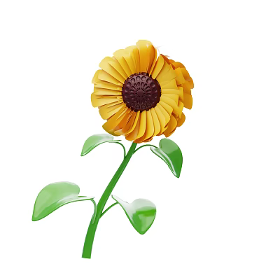 Bright Yellow Sunflower with Dark Brown Center and Green Stem Leaves 3d model