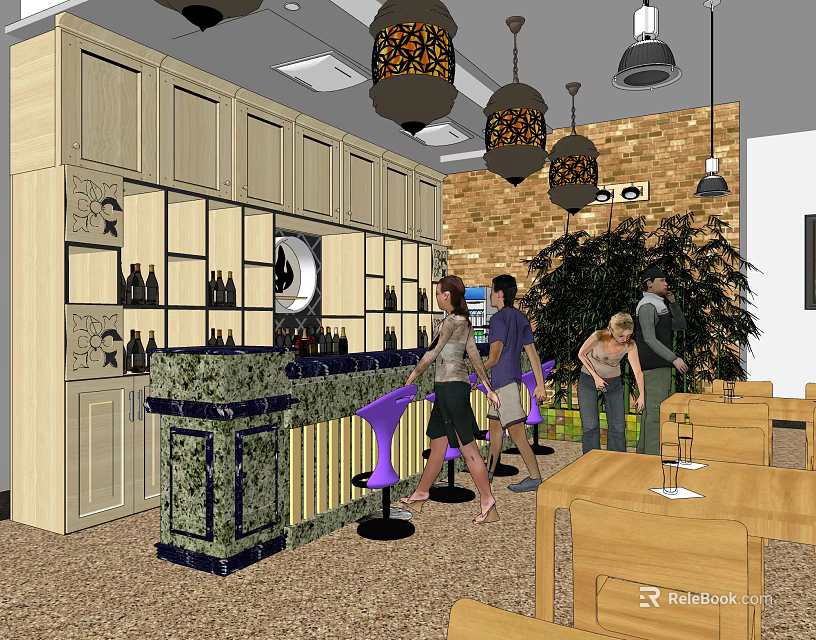 Bar Interior with Wooden Cabinets Hanging Lamps Marble Counter Green Plants and Customers at Tables 3d model 