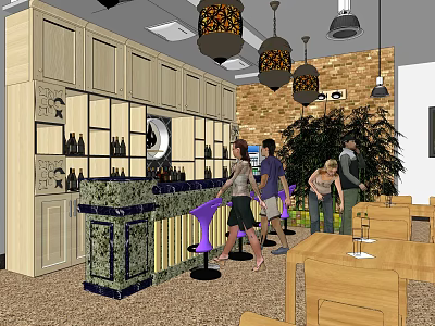 Bar Interior with Wooden Cabinets Hanging Lamps Marble Counter Green Plants and Customers at Tables 3d model