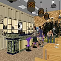 Bar Interior with Wooden Cabinets Hanging Lamps Marble Counter Green Plants and Customers at Tables