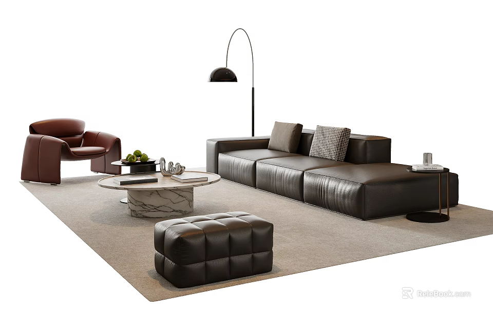 Modern Leather Sofa and Coffee Table Set with Marble Top Ottoman Floor Lamp and Armchair 3d model 