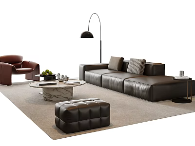 Modern Leather Sofa and Coffee Table Set with Marble Top Ottoman Floor Lamp and Armchair 3d model