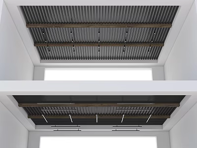 Modern Interior Ceiling Design With Metal Panels Wooden Beams Skylight And Lighting Strips 3d model
