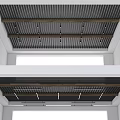 Modern Interior Ceiling Design With Metal Panels Wooden Beams Skylight And Lighting Strips