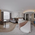 Modern Hotel Guest Room Interior With Double Bed Flat Screen TV Desk And Chair