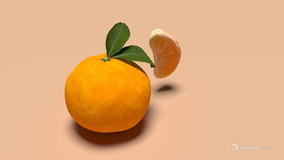Fresh Orange With Green Leaves And Sliced Segment On Beige Background 3d model 