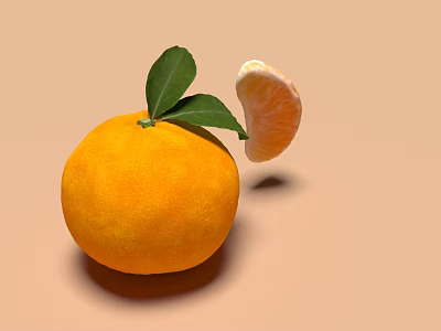 Fresh Orange With Green Leaves And Sliced Segment On Beige Background 3d model
