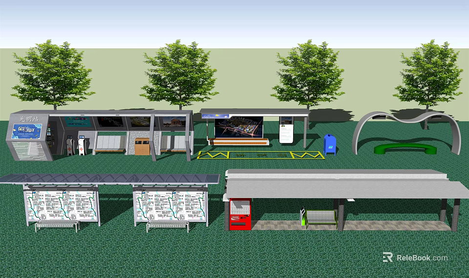 Modern Bus Station With Waiting Area Seating Information Boards And Green Trees 3d model 