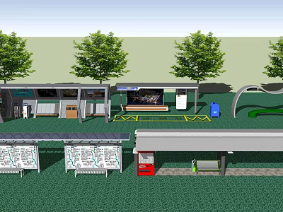 Modern Bus Station With Waiting Area Seating Information Boards And Green Trees 3d model