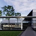Modern Sales Office Building Featuring Glass Curtain Wall Water Pools Trees Pathway And Sky Reflections