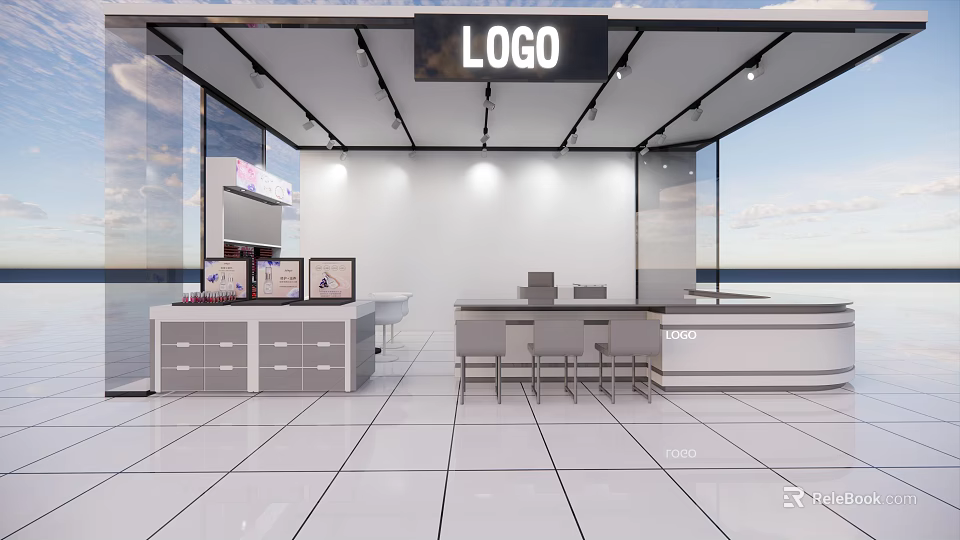Modern Shopping Mall Store With Bright Open Design Display Cabinets Counter And Logo Sign 3d model 