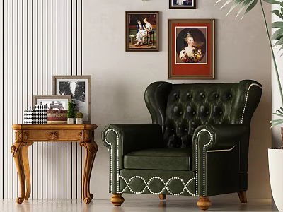 Green Leather Tufted Single Sofa With Wooden Legs Side Table Photo Frames Wall Art 3d model