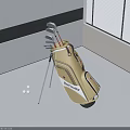 Golf Sports Equipment With Standing Bag Clubs And White Balls Indoor
