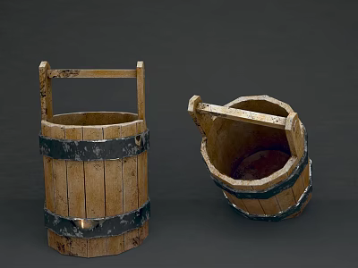 Rustic Wooden Buckets With Metal Hoops Standing And Tilted Design 3d model