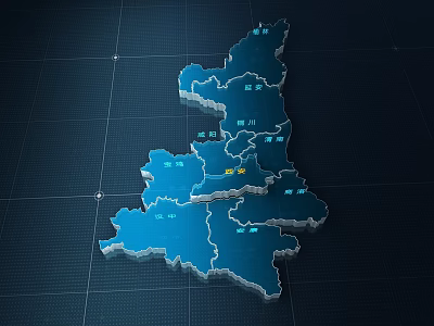 Blue 3D Map Visualization With Grid Background And Regional Division Marked Points 3d model