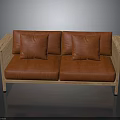 Modern Red Leather Sofa With Wooden Armrests And Decorative Pillows