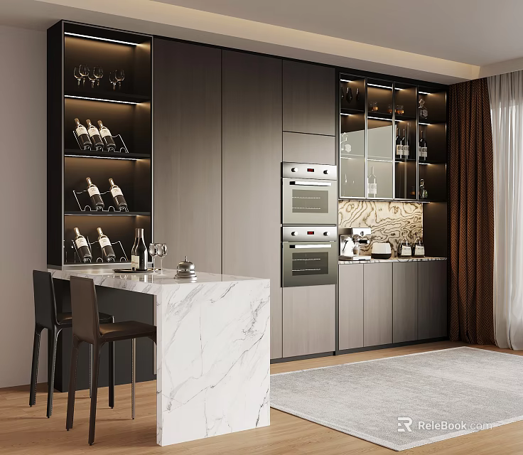 Modern Kitchen Interior Featuring Built in Wine Cabinet Glass Doors And Marble Bar Counter 3d model 