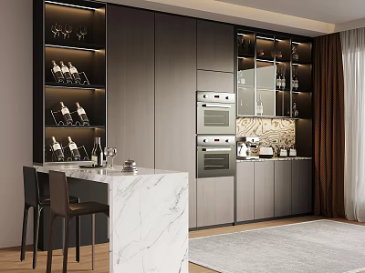 Modern Kitchen Interior Featuring Built in Wine Cabinet Glass Doors And Marble Bar Counter 3d model