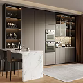 Modern Kitchen Interior Featuring Built in Wine Cabinet Glass Doors And Marble Bar Counter