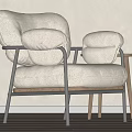 Modern Leisure Chair Featuring Light Fabric Upholstery Black Metal Frame And Wooden Side Table