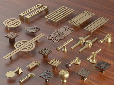 Brass Handles With Various Traditional Patterns And Geometric Shapes On Wooden Surface 3d model