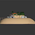 Cartoon Beach Scene With Palm Trees Wooden Platform Swimming Pool Rocks And Bridge