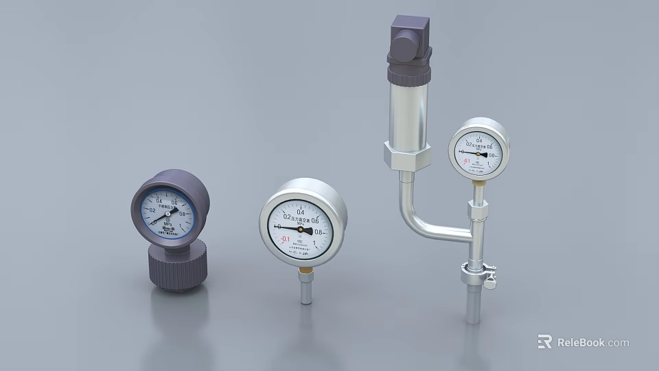 Industrial Equipment Including Pressure Gauges With Different Sizes And Pipe Fittings 3d model 