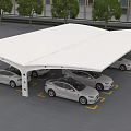 Solar Panel Canopy Covered Parking Lot With White Vehicles And Yellow Lines