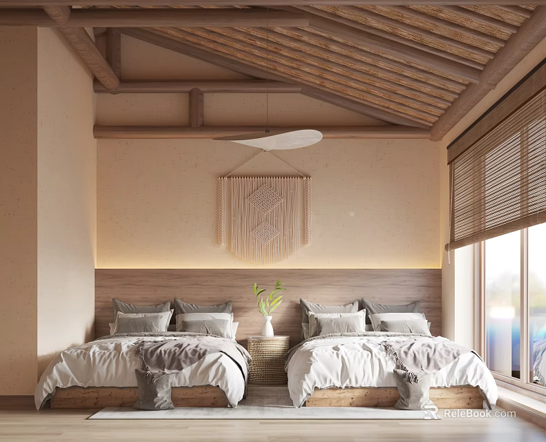 Modern Cozy Bedroom Interior With Wooden Ceiling Double Beds Macramé Hanging And Blinds 3d model 