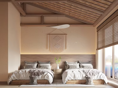 Modern Cozy Bedroom Interior With Wooden Ceiling Double Beds Macramé Hanging And Blinds 3d model