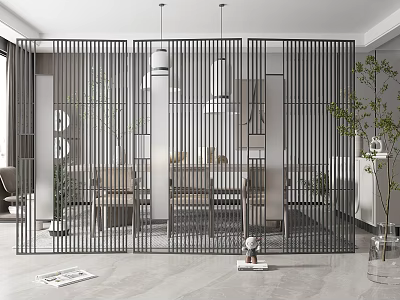 Modern Metal Room Divider With Vertical Slats Plants And Lighting In Living Dining Area 3d model