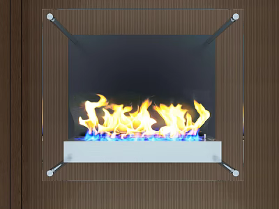 Modern Fireplace With Glass Frame And Burning Flames On Wooden Background 3d model