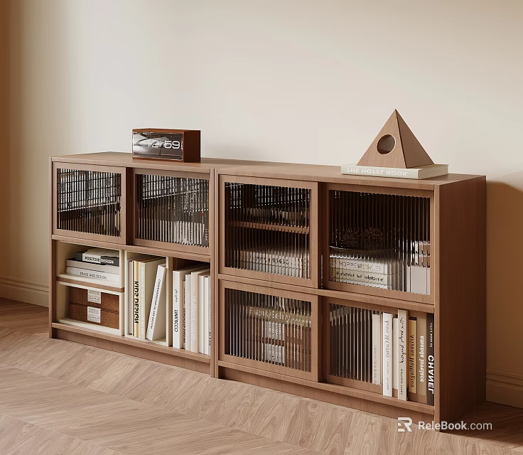 Wooden Sideboard With Open Shelves Books And Decorative Items In Modern Room 3d model 