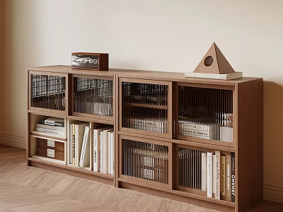 Wooden Sideboard With Open Shelves Books And Decorative Items In Modern Room 3d model