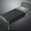 Green Metal Bed Frame Bedroom Furniture With Cozy Plaid Blanket And White Pillow
