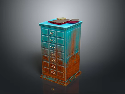 Rustic Blue And Brown Chest Of Drawers With Books On Top And Metal Handles 3d model