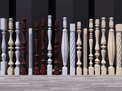Multiple Design Balusters In White Red And Beige Tones For Home Railings 3d model