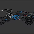 Futuristic Racing Car With Blue Black Color Scheme Multiple Wheels And Red Accents