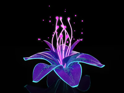 Glowing Purple Flower With Pink Stamens And Neon Petals On Black Background 3d model