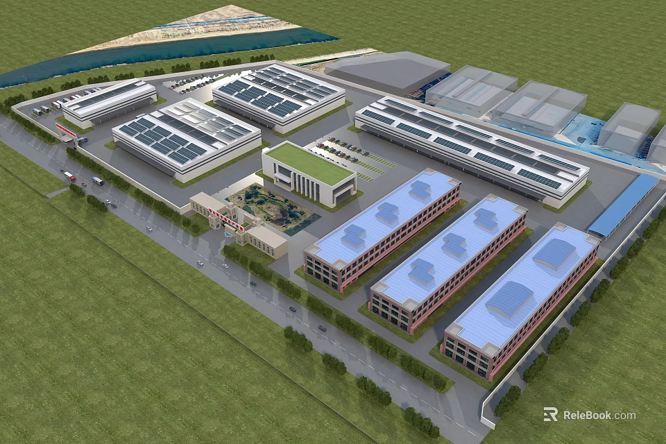 Modern Industrial Factory Layout With Multiple Buildings Green Area And Road 3d model 