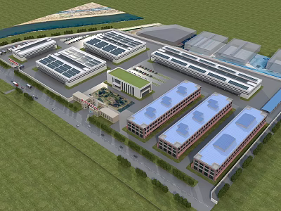 Modern Industrial Factory Layout With Multiple Buildings Green Area And Road 3d model
