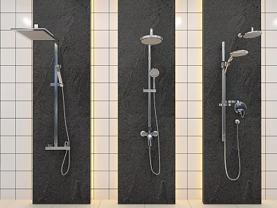 Different Shower Head Designs on Black Wall with White Tiled Background 3d model