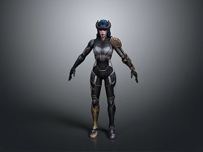 Sci Fi Warrior Character With Blue Hair And Black Silver Armored Suit 3d model