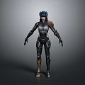 Sci Fi Warrior Character With Blue Hair And Black Silver Armored Suit