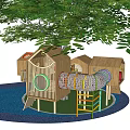 Wooden Playground Equipment with Tree Houses Slides Climbing Nets Under Tree on Circular Green Lawn